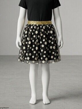 Black Daisy Print Tulle Mesh Skirt Gold Metallic Elastic Waist Band Layered Midi